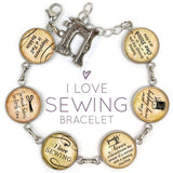 I Love Sewing - Glass Charm Stainless Steel Bracelet with Dangling Singer Sewing Machine Charm