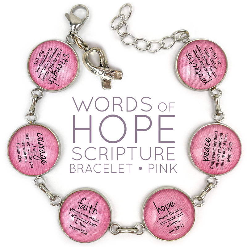 Words of Hope & Scriptures – Strength, Courage, Faith, Hope – Pink Christian Bracelet