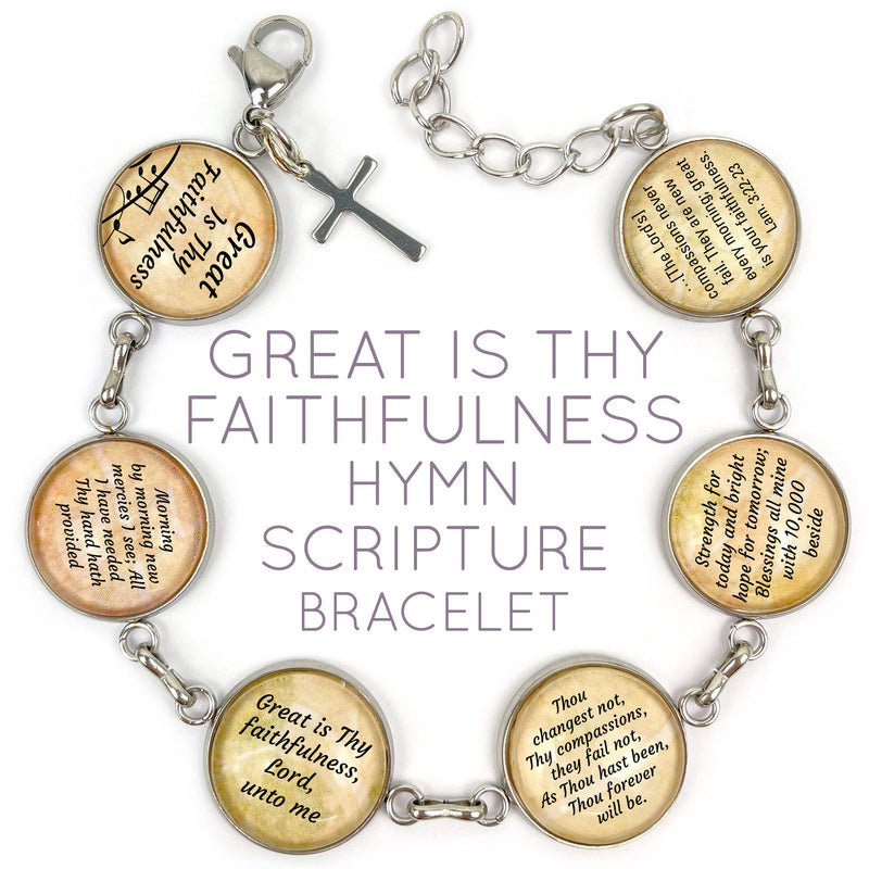 Great is Thy Faithfulness Hymn & Scripture Glass Charm Bracelet – Stainless Steel Bible Verse Bracelet