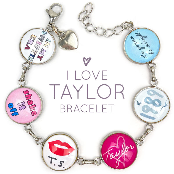 I Love Taylor – Glass Charm Stainless Steel Bracelet with Heart Charm – In My Swiftie Era, 1989, Shake It Off
