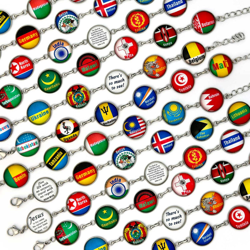 Create your own colorful World Flags bracelet! Choose the countries you've traveled, have on your bucket list, or are praying for to create your own unique and meaningful charm bracelet. Select from 196 full-color flags of the world and 19 charms with sayings and quotes about travel and Scripture verses.