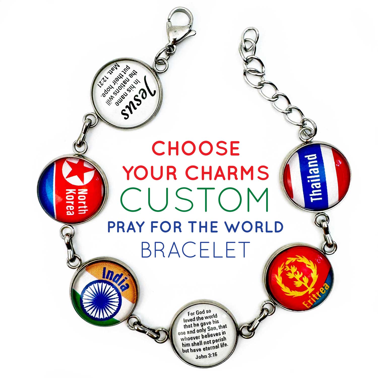 Pick Your Own Flags of the World Bracelet - Customized Country Flags Pray for the World Charm Bracelet