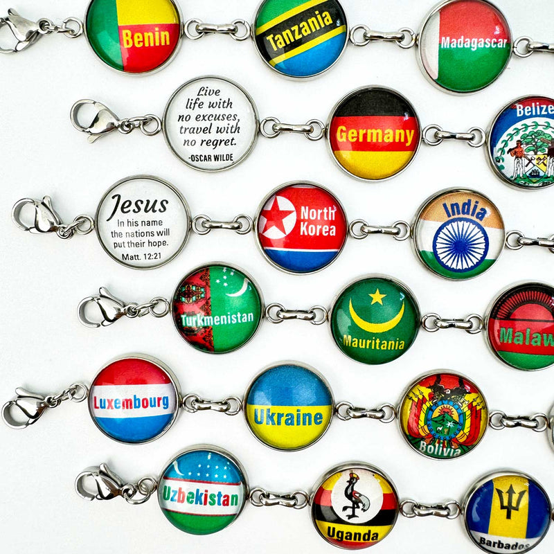 Pick Your Own Flags of the World Bracelet - Customized Country Flags Travel Charm Bracelet