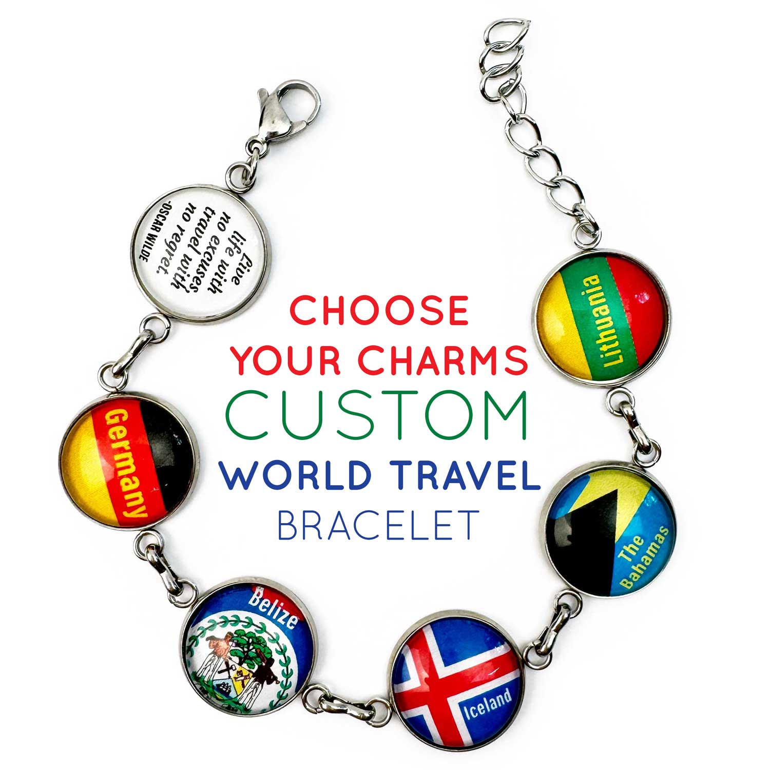 Pick Your Own Flags of the World Bracelet - Customized Country Flags Travel Charm Bracelet