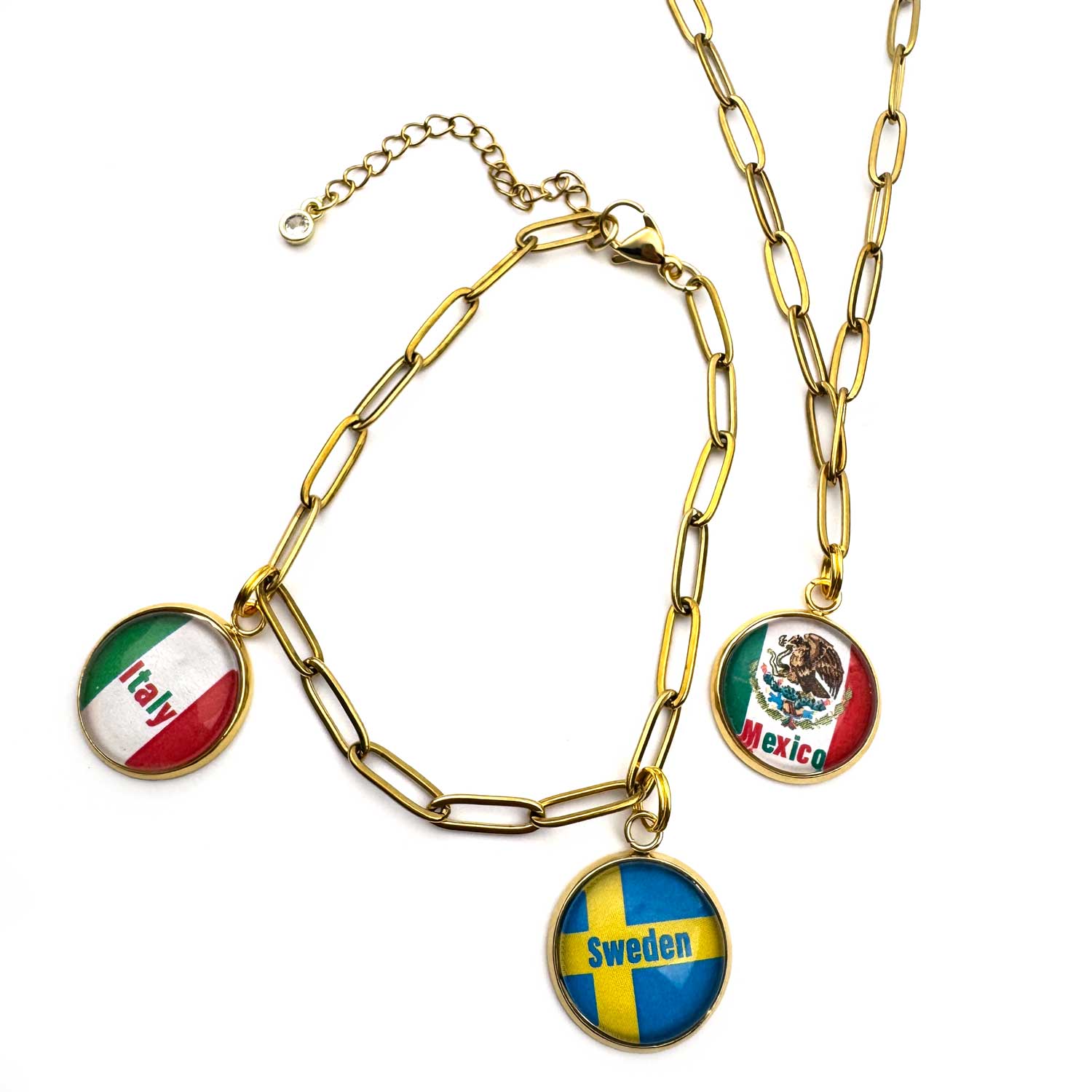 World Traveler Flags Paperclip Chain Jewelry – Charm Necklaces and Bracelets – Gold, Stainless Steel