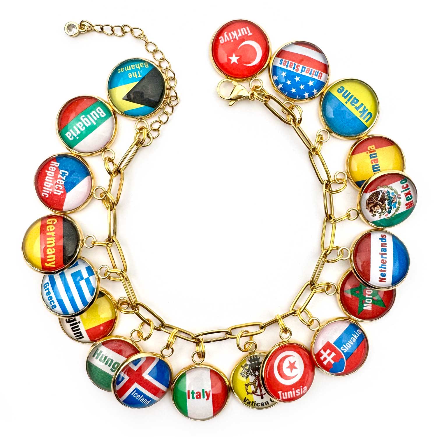 Gold Paperclip Bracelet with various country flag charms
