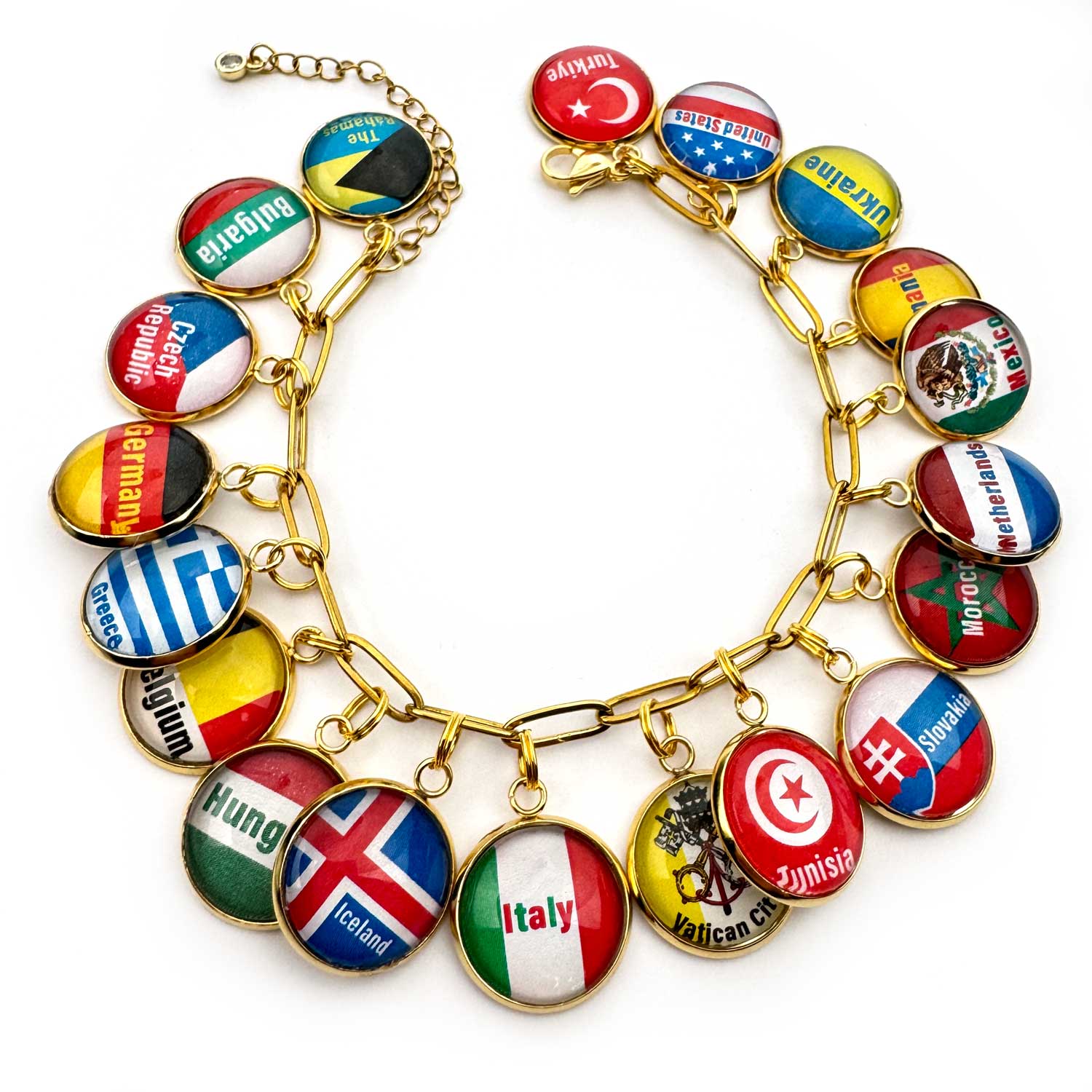Bracelet with various country flags on a gold chain against a white background