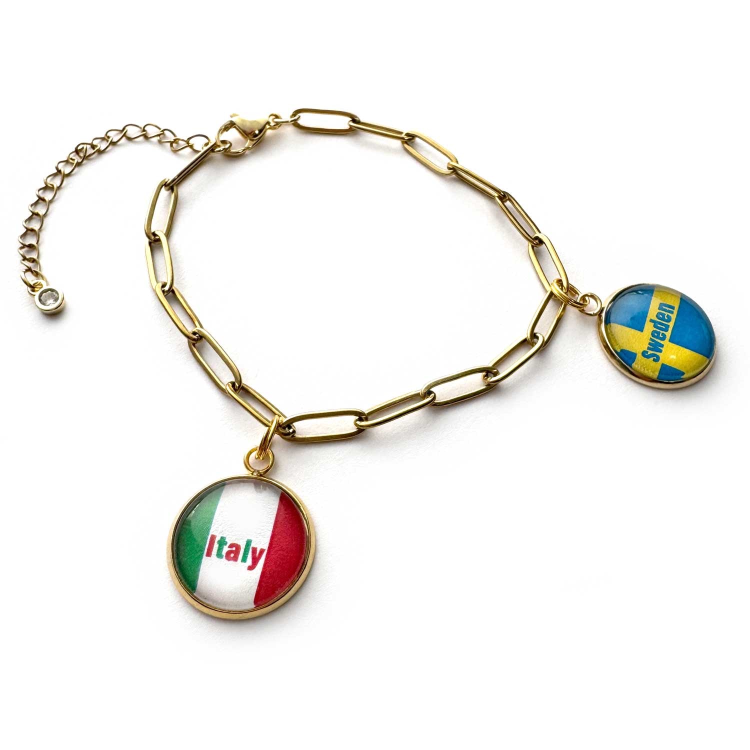 World Traveler Flags Paperclip Chain Jewelry – Charm Necklaces and Bracelets – Gold, Stainless Steel