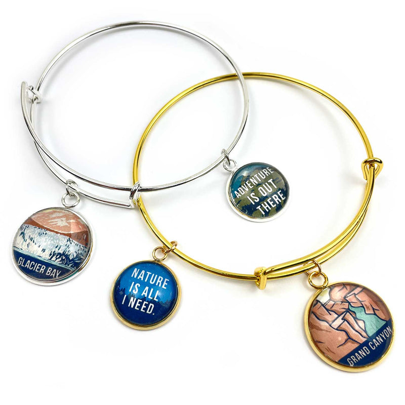 Bangles with U.S. National Parks and Nature & Adventure Colorful Glass Charms for Jewelry Making, Set of 10, 16 or 20mm, Silver, Gold – Bulk Designer Jewelry Charms