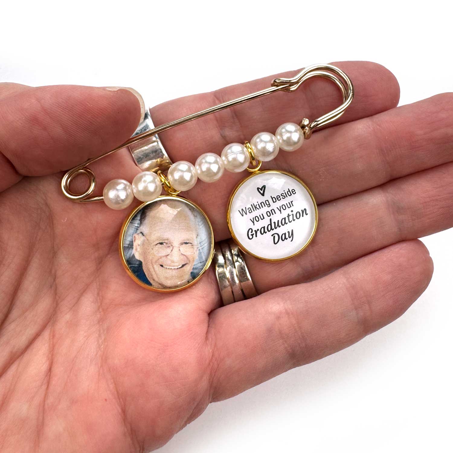 Personalized Graduation Brooch Pin with Photo Charms and Faux Pearls