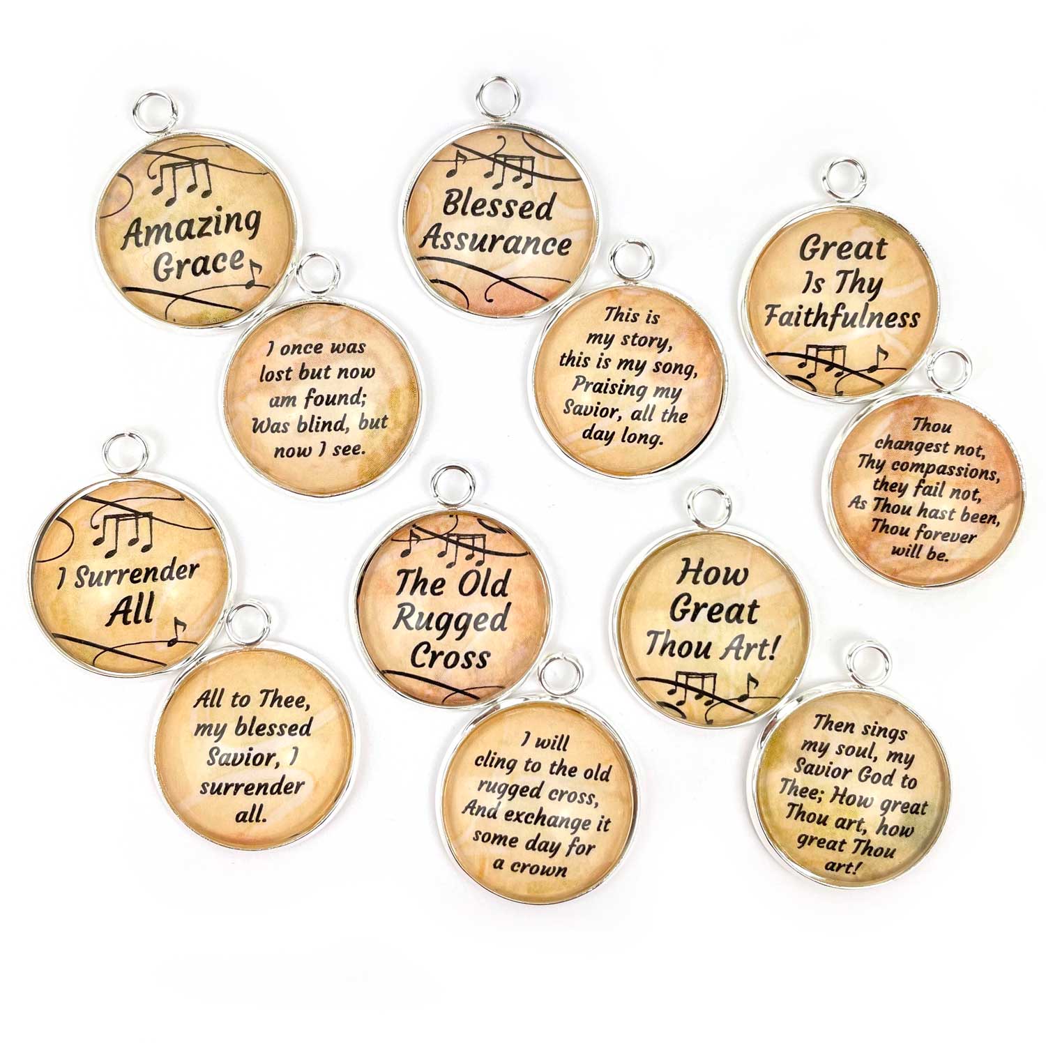 Amazing Grace! Blessed Assurance! Set of 12 Hymn Charms for Jewelry Making – 16 or 20mm, Silver, Gold – Bulk Christian Jewelry Charms