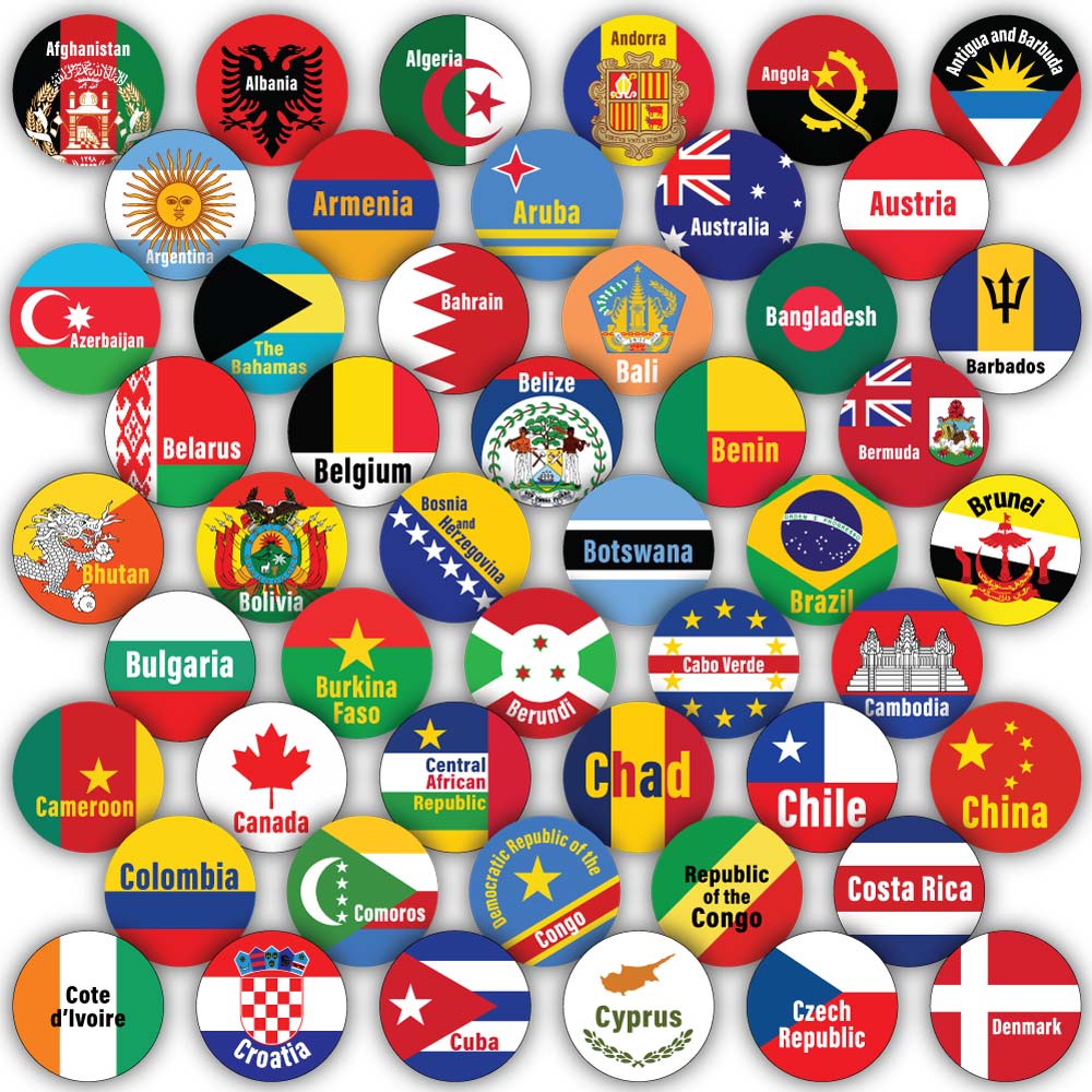 Collection of round flags from various countries: Afghanistan, Albania, Algeria, Andorra, Angola, Antigua and Barbuda, Argentina, Armenia, Aruba, Australia, Austria, Azerbaijan, The Bahamas, Bahrain, Bangladesh, Barbados, Belarus, Belgium, Belize, Benin, Bermuda, Bhutan, Bolivia, Bosnia and Herzegovina, Botswana, Brazil, Brunei, Bulgaria, Burkina Faso, Burundi, Cabo Verde, Cambodia, Cameroon, Canada, Central African Republic, Chad, Chile, China, Colombia, Comoros, Democratic Republic of the Congo, Republic 