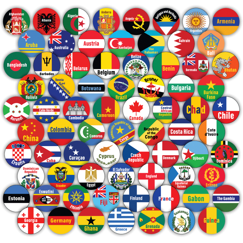 World Traveler Flags Paperclip Chain Jewelry – Charm Necklaces and Bracelets – Gold, Stainless Steel