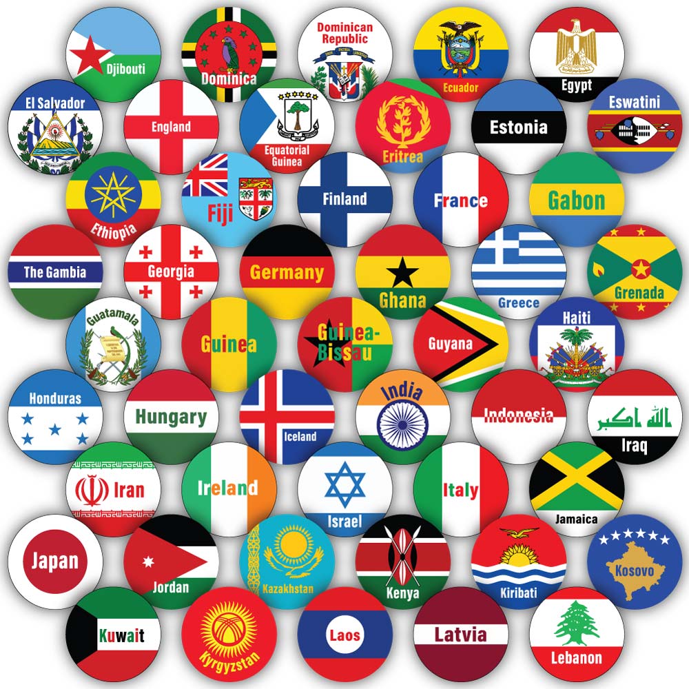 Collection of flags from various countries: Dominica, Dominican Republic, Ecuador, Egypt, El Salvador, Equatorial Guinea, Eritrea, Estonia, Eswatini, Ethiopia, Fiji, Finland, France, Gabon, The Gambia, Georgia, Germany, Ghana, Greece, Grenada, Guatemala, Guinea, Guinea-Bissau, Guyana, Haiti, Honduras, Hungary, Iceland, India, Indonesia, Iran, Iraq, Ireland, Israel, Italy, Jamaica, Japan, Jordan, Kazakhstan, Kenya, Kiribati, Kosovo, Kuwait, Kyrgyzstan, Laos, Latvia, Lebanon, Lesotho, Liberia