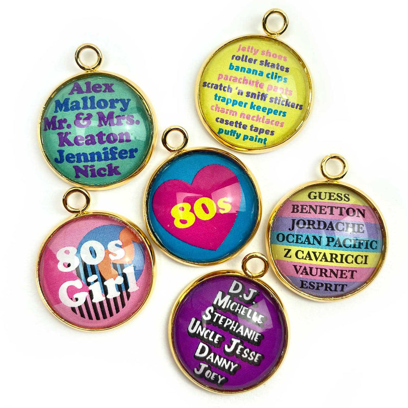 1980s Designer Charms - 80s Girl, Sitcoms, Jelly Shoes, Brands - Wholesale Bulk Glass Charm Set for Jewelry Making - 20mm