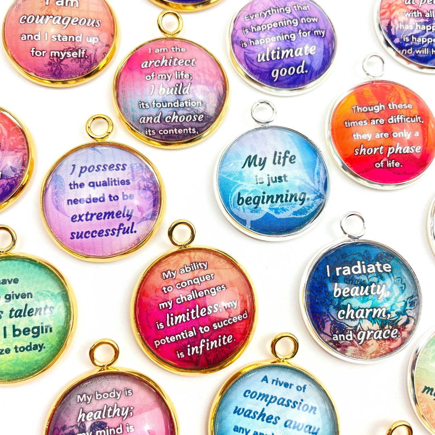 Positive Affirmations Colorful Charms - Wholesale Glass Charm Sets for Jewelry Making - 20mm - Bulk Designer Charms - Forgive, Strength, Courage