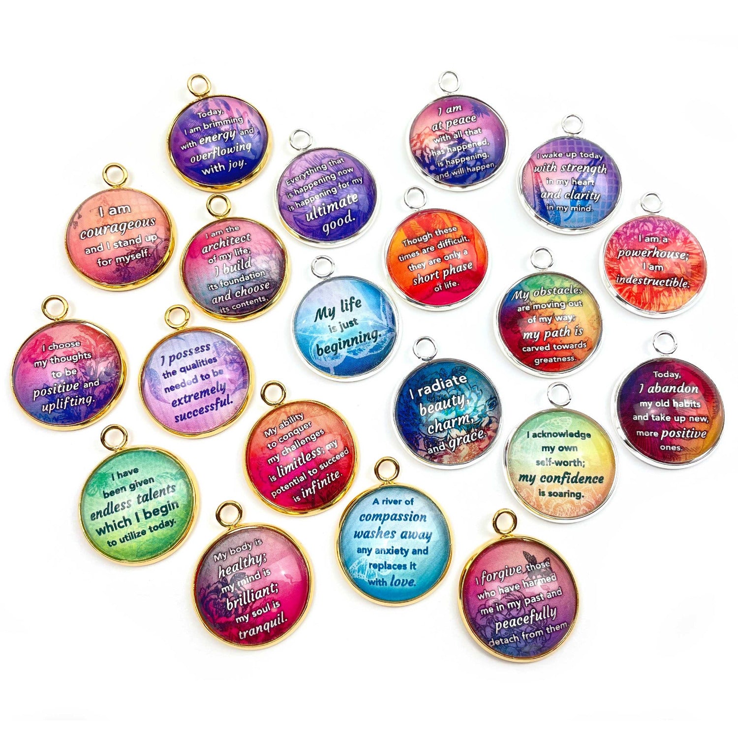 Positive Affirmations Colorful Charms - Wholesale Glass Charm Sets for Jewelry Making - 20mm - Bulk Designer Charms - Forgive, Strength, Courage