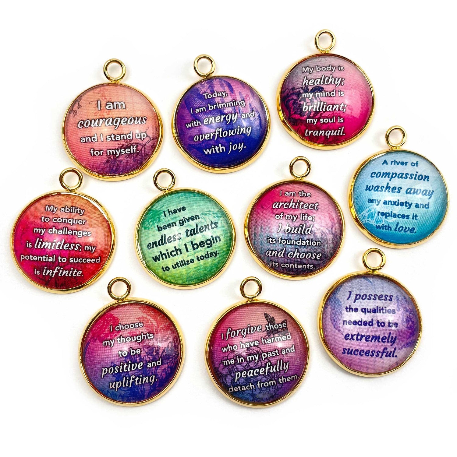 Positive Affirmations Colorful Charms - Wholesale Glass Charm Sets for Jewelry Making - 20mm - Bulk Designer Charms - Forgive, Strength, Courage