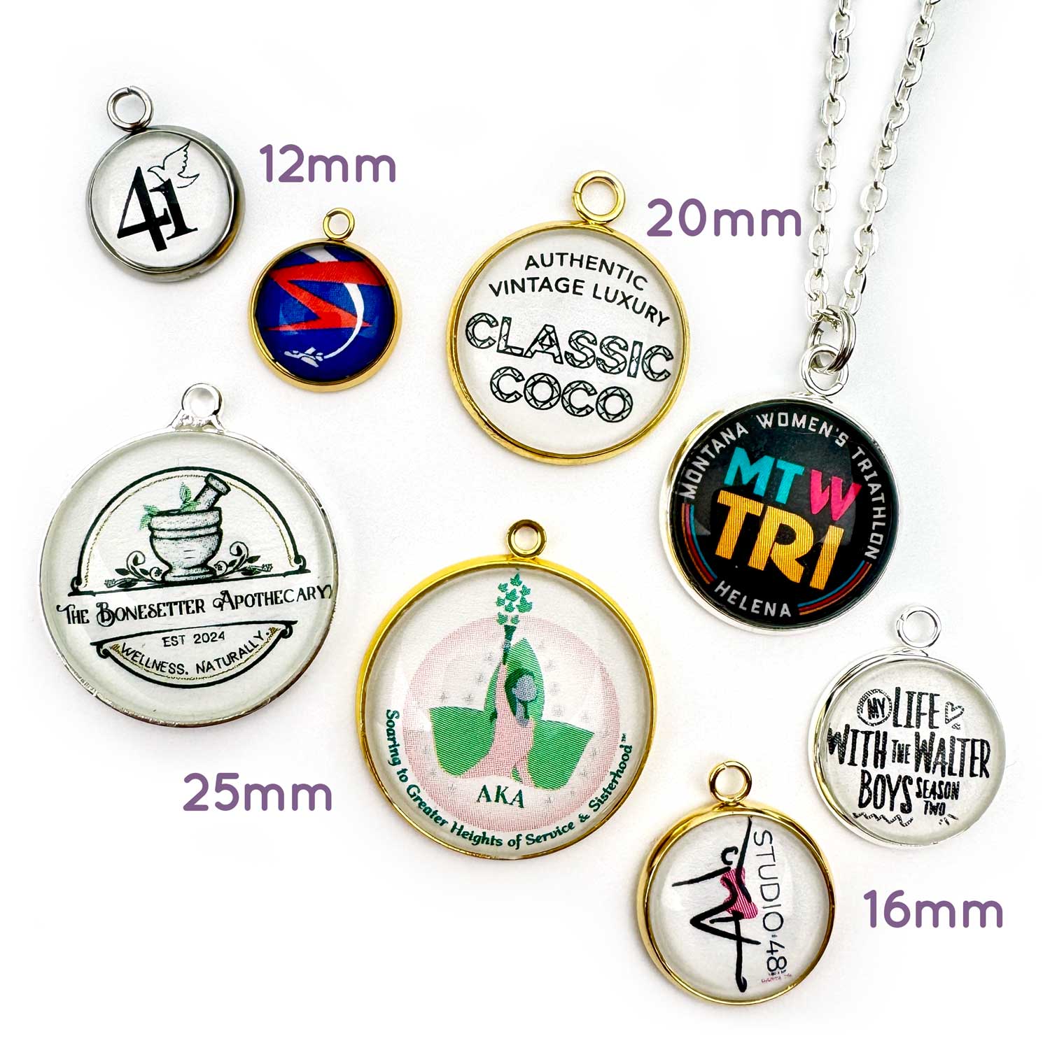 Custom Designed Glass Charms for Jewelry Making - 16, 20, 25mm, Silver, Gold - Bulk Designer Charms - Logo & Photo Charms