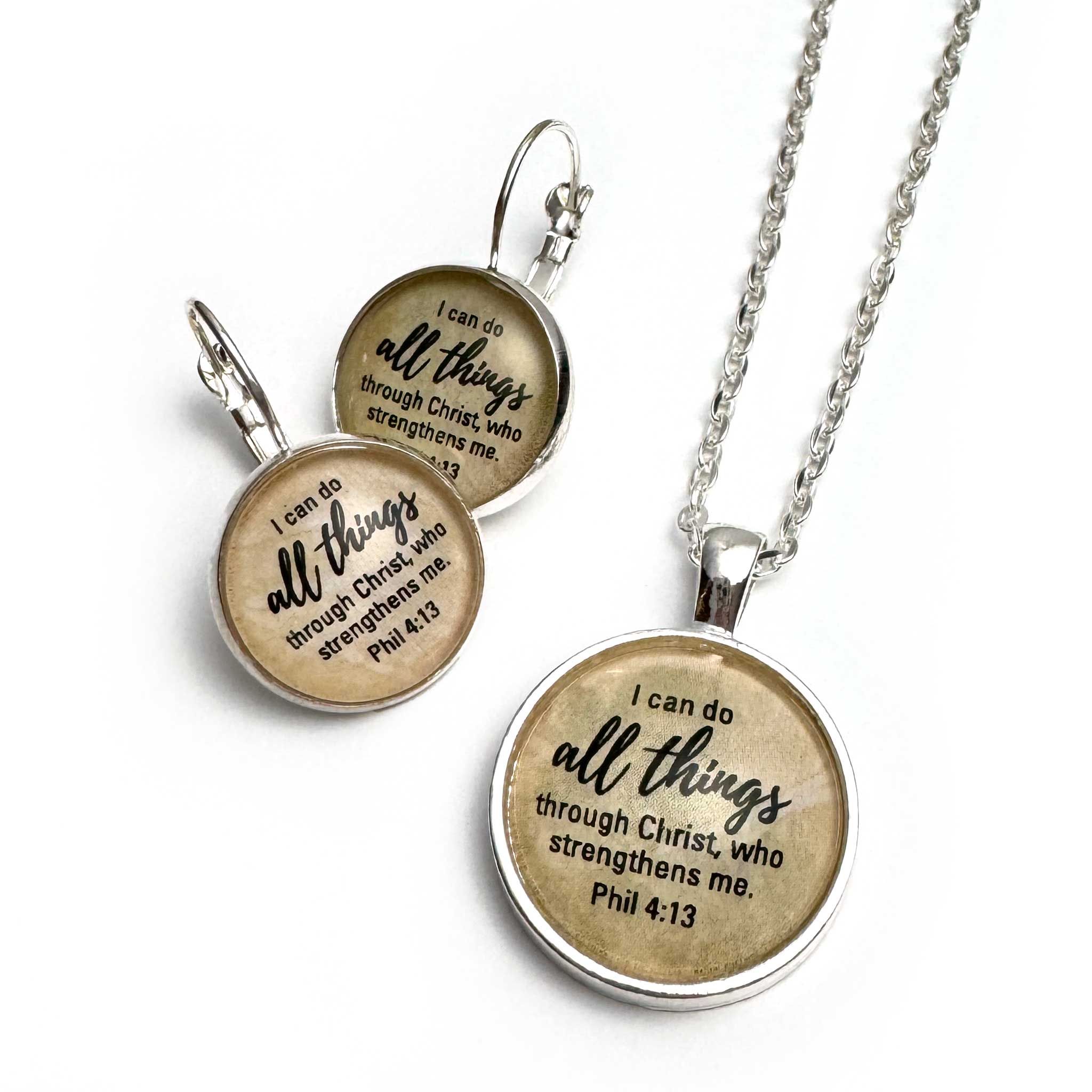 Encouragement Scriptures Necklace, Earrings and Bracelet Set, Philippians 4:13