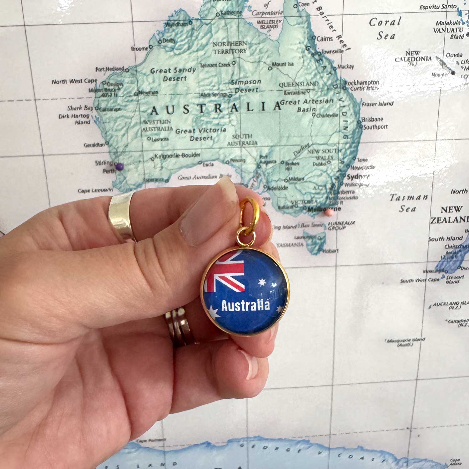 Glass Country Flag Charms for Leather Travel Keyring • 20mm Gold with 10mm Jump Ring • World Travel Memento