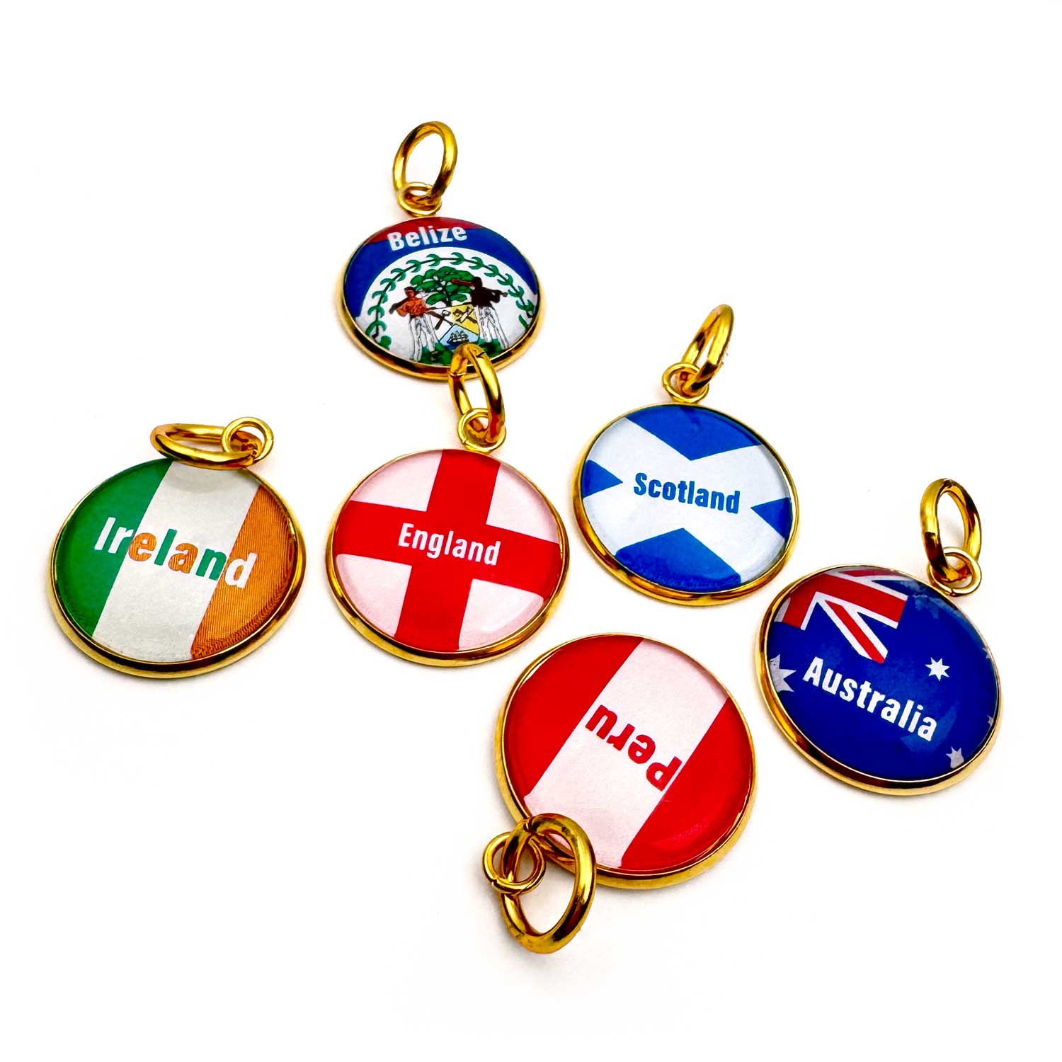 Glass Country Flag Charms for Leather Travel Keyring • 20mm Gold with 10mm Jump Ring • World Travel Memento