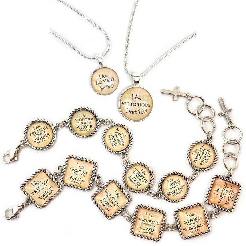 I AM – Christian Affirmations Scripture Bracelet and Pendant Necklace Set – Antique Silver Twist Edge Design