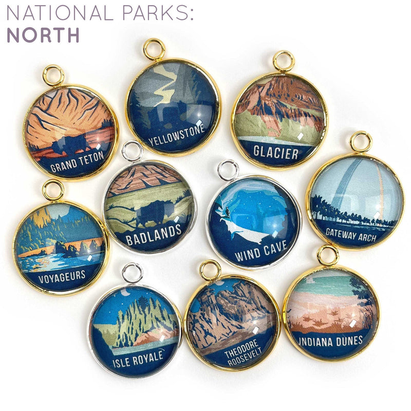 U.S. National Parks Colorful Glass Charms for Jewelry Making: North Parks – Set of 10: Grand Teton, Yellowstone, Glacier, Voyageurs, Badlands, Wind Cave, Gateway Arch, Isle Royale, Theodore Roosevelt, Indiana Dunes