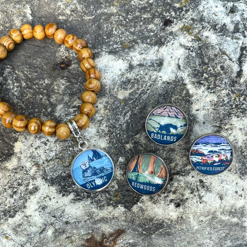 Olympic National Park Wood Bead Stretch Bracelet with Glass Charm and lapel pins