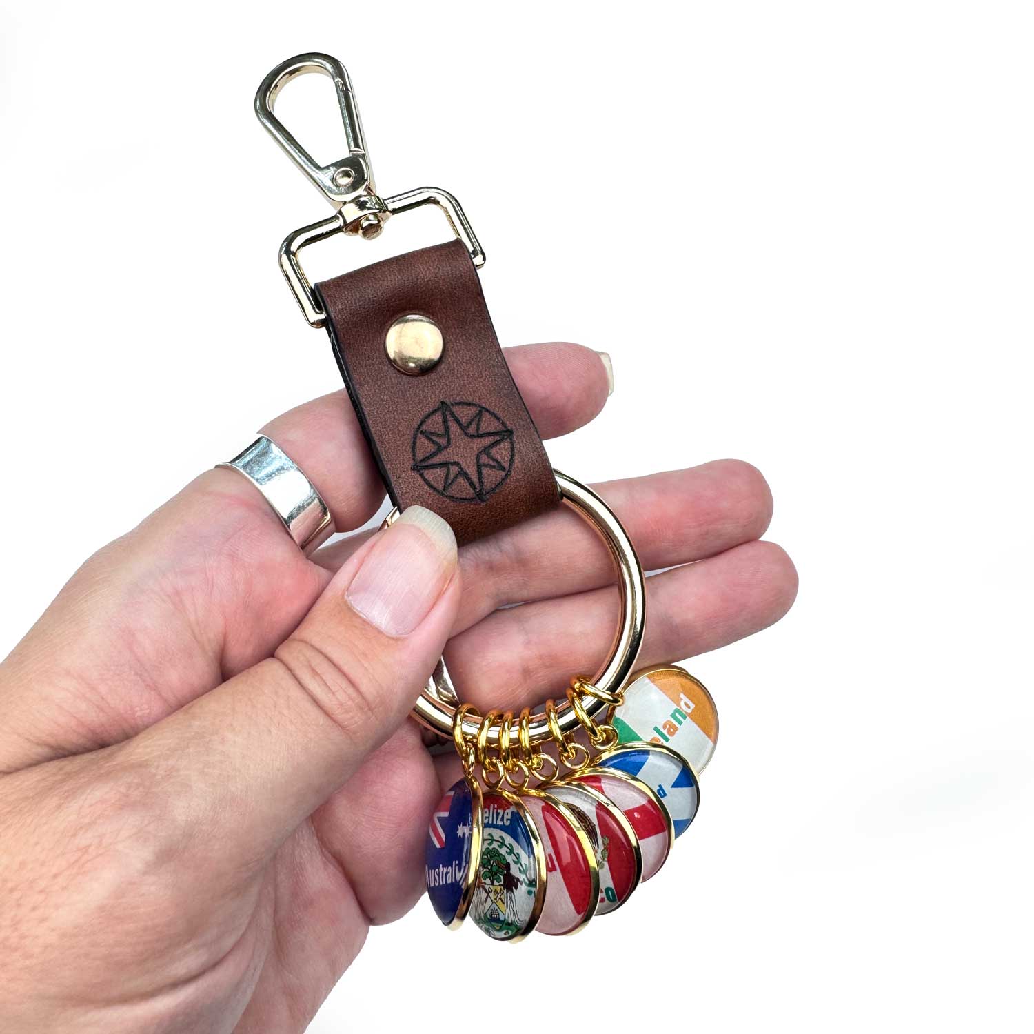 Glass Country Flag Charms for Leather Travel Keyring • 20mm Gold with 10mm Jump Ring • World Travel Memento