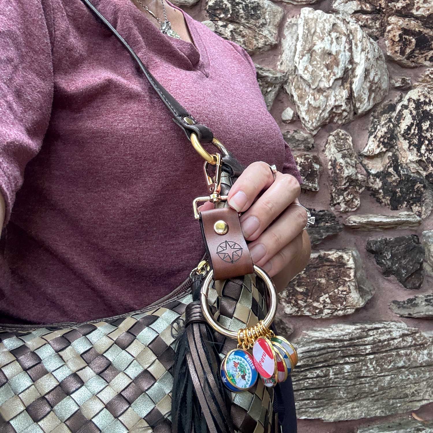 World Traveler Leather Keyring • Holds 25 Charms • Compass or Cross Travel Keychain • Wanderlust Gift & Vacation Memento for Men & Women