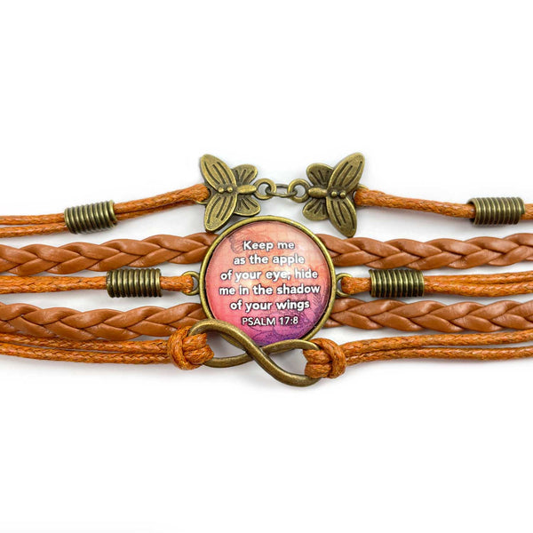 Hide me in the Shadow of Your Wings – Psalm 17:8 Scripture Verse – Multi-Strand Leather Bracelet with Butterflies – Christian Jewelry