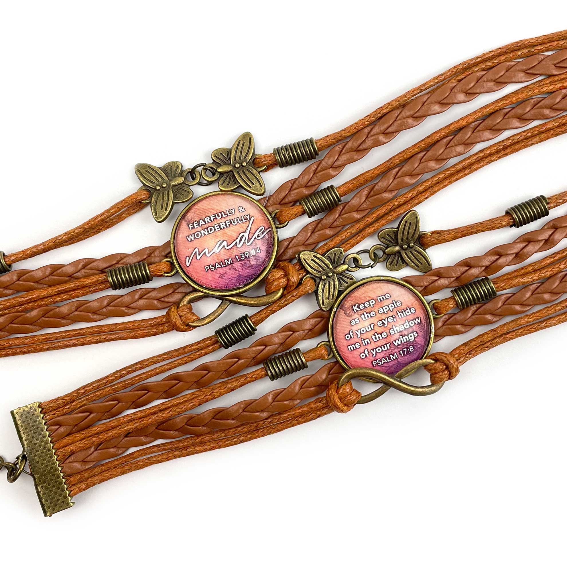 Fearfully & Wonderfully Made, Shadow of Your Wings – Psalms Scriptures – Multi-Strand Leather Bracelet with Butterflies – Christian Jewelry