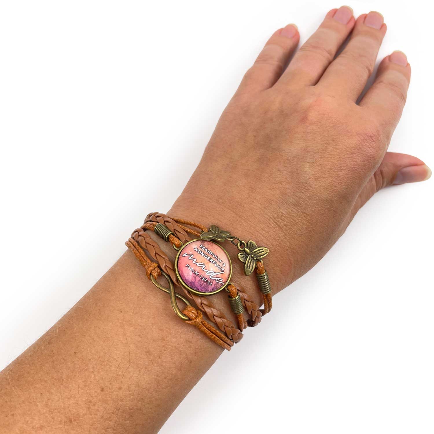 Fearfully & Wonderfully Made, Shadow of Your Wings – Psalms Scriptures – Multi-Strand Leather Bracelet with Butterflies – Christian Jewelry