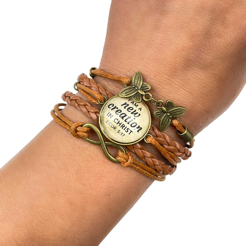 I Am a New Creation in Christ – Multi-Strand Leather Bracelet with Butterflies, 2 Corinthians 5:17 Scripture Bracelet – Christian Jewelry