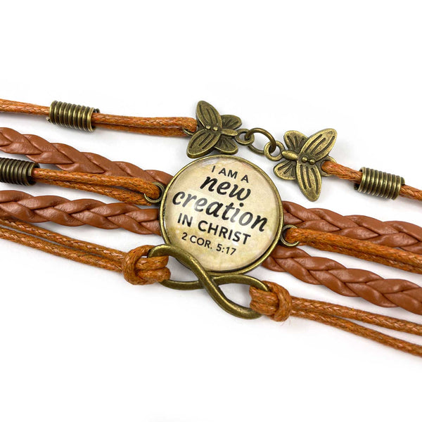 I Am a New Creation in Christ – Multi-Strand Leather Bracelet with Butterflies, 2 Corinthians 5:17 Scripture Bracelet – Christian Jewelry