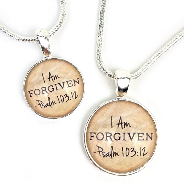 I AM Forgiven, Psalm 103:12 – Christian Affirmations Scripture Pendant Necklace (2 Sizes) – Jewelry Set
