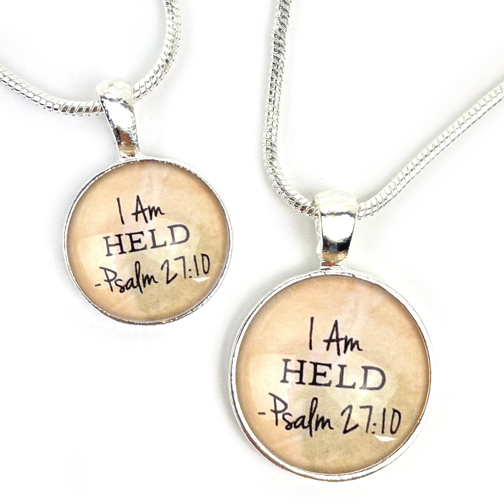 I AM Held, Psalm 27:10 – Christian Affirmations Scripture Pendant Necklace (2 Sizes) – Jewelry Set