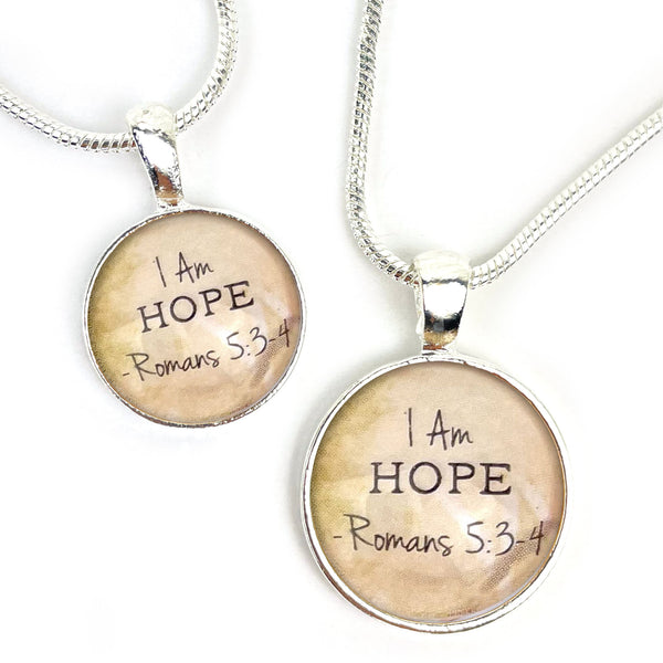 I AM Hope, Romans 5:3-4 – Christian Affirmations Scripture Pendant Necklace (2 Sizes) – Jewelry Set