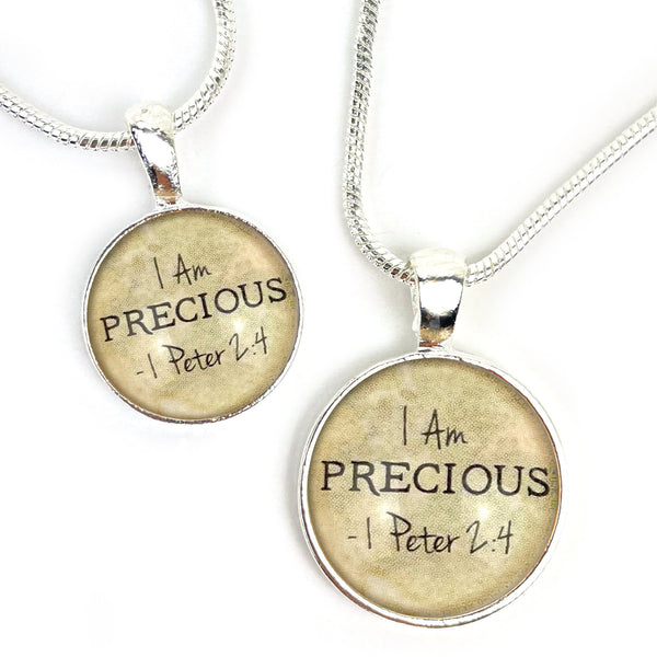 I AM Precious, 1 Peter 2:4 – Christian Affirmations Scripture Pendant Necklace (2 Sizes) – Jewelry Set