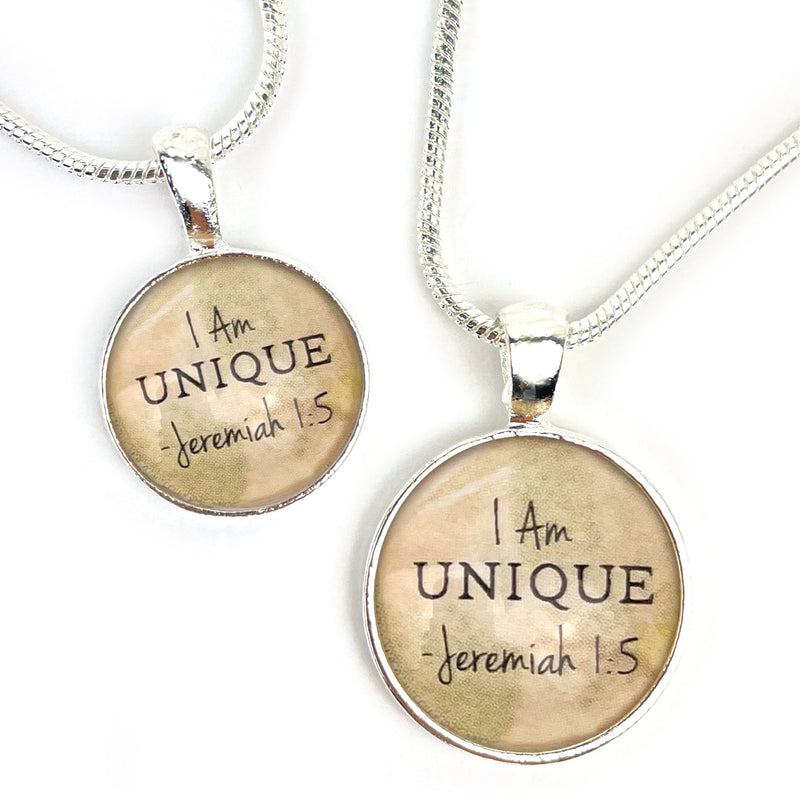 I AM Unique, Jeremiah 1:5 – Christian Affirmations Scripture Pendant Necklace (2 Sizes) – Jewelry Set