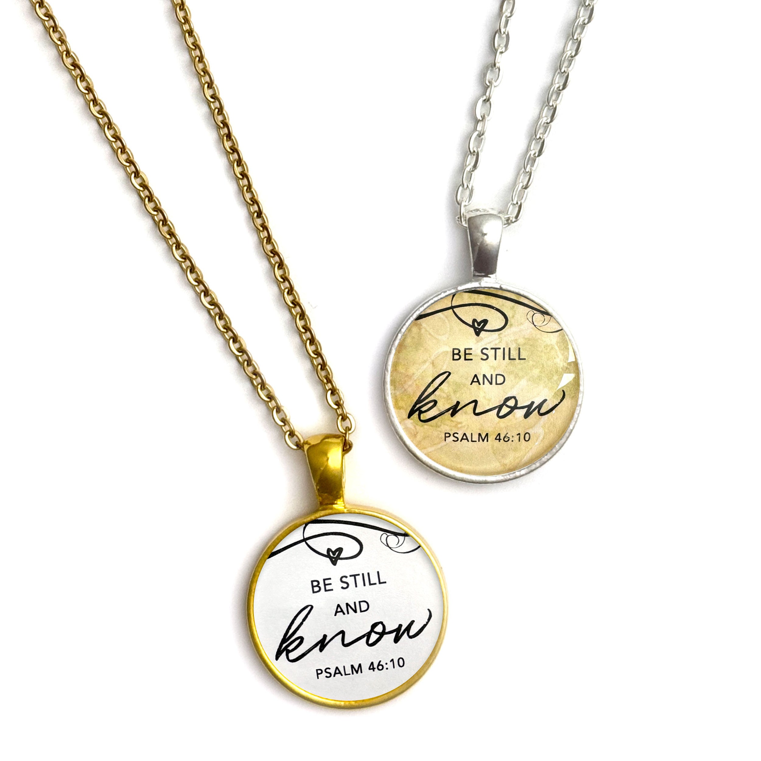 Be Still and Know – Psalm 46:10 Scripture Pendant Necklaces, 20mm, gold, silver