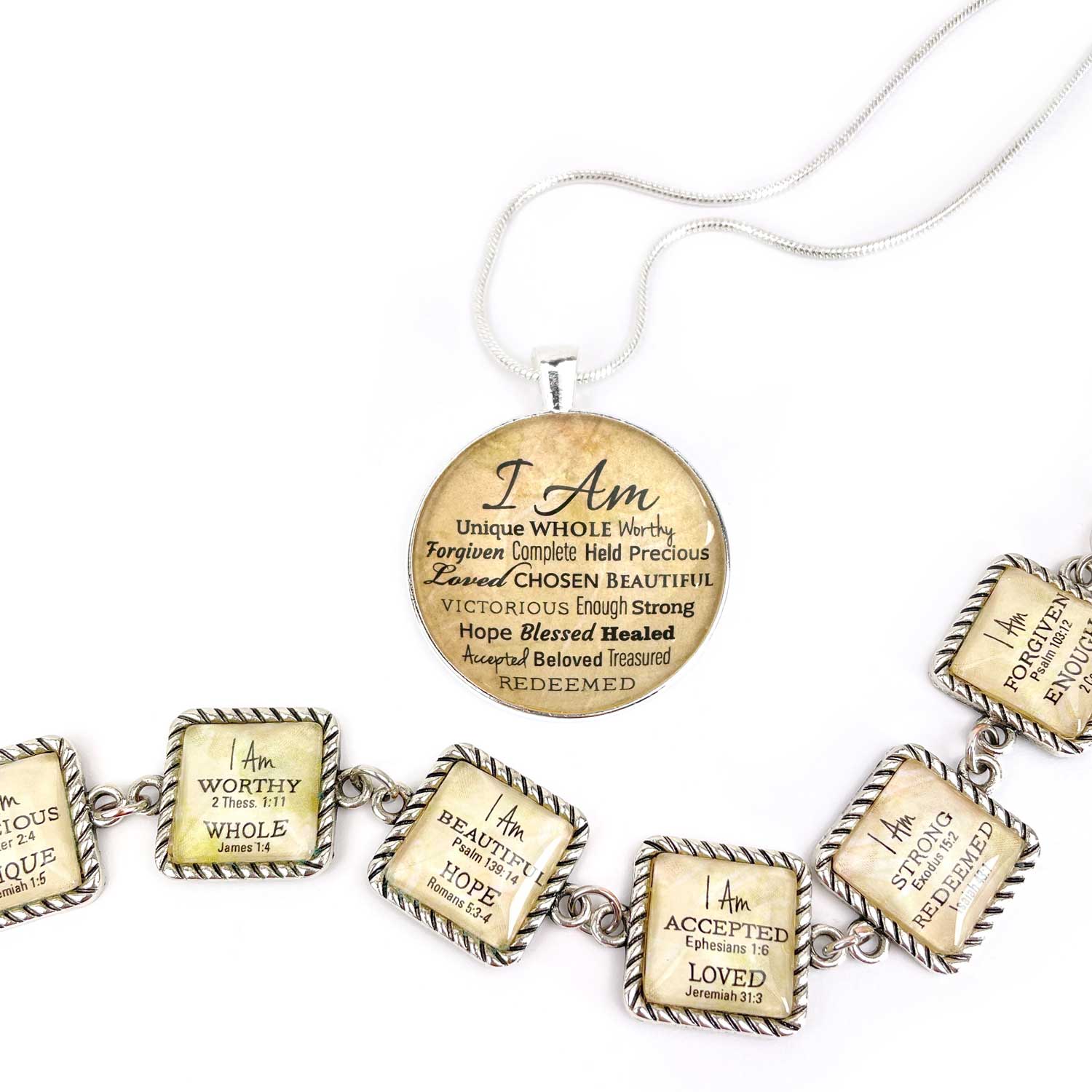 "I AM" Strong, Unique, Beautiful, Loved, Enough – Christian Affirmations Silver-Plated Scripture Pendant Necklace and bracelet Jewelry Set