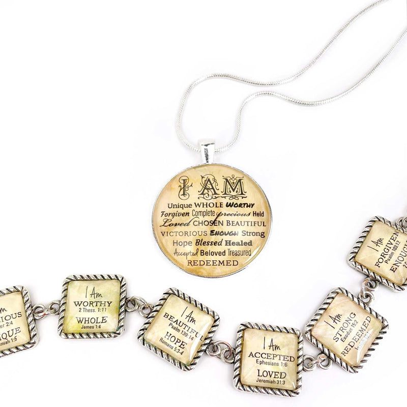 "I AM" Strong, Unique, Beautiful, Loved, Enough – Christian Affirmations Scripture Pendant Necklaces (3 Sizes)
