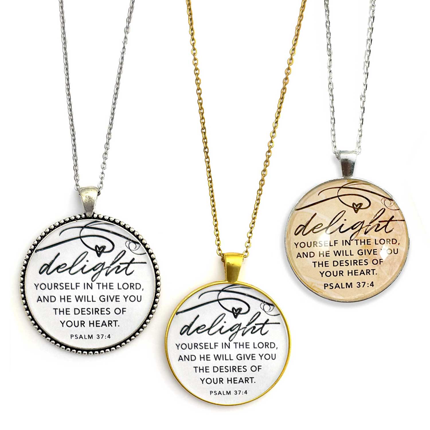 Delight Yourself in the Lord – Psalm 37:4 Scripture Silver Pendant Necklaces