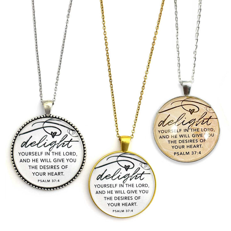 Delight Yourself in the Lord – Psalm 37:4 Scripture Silver Pendant Necklaces