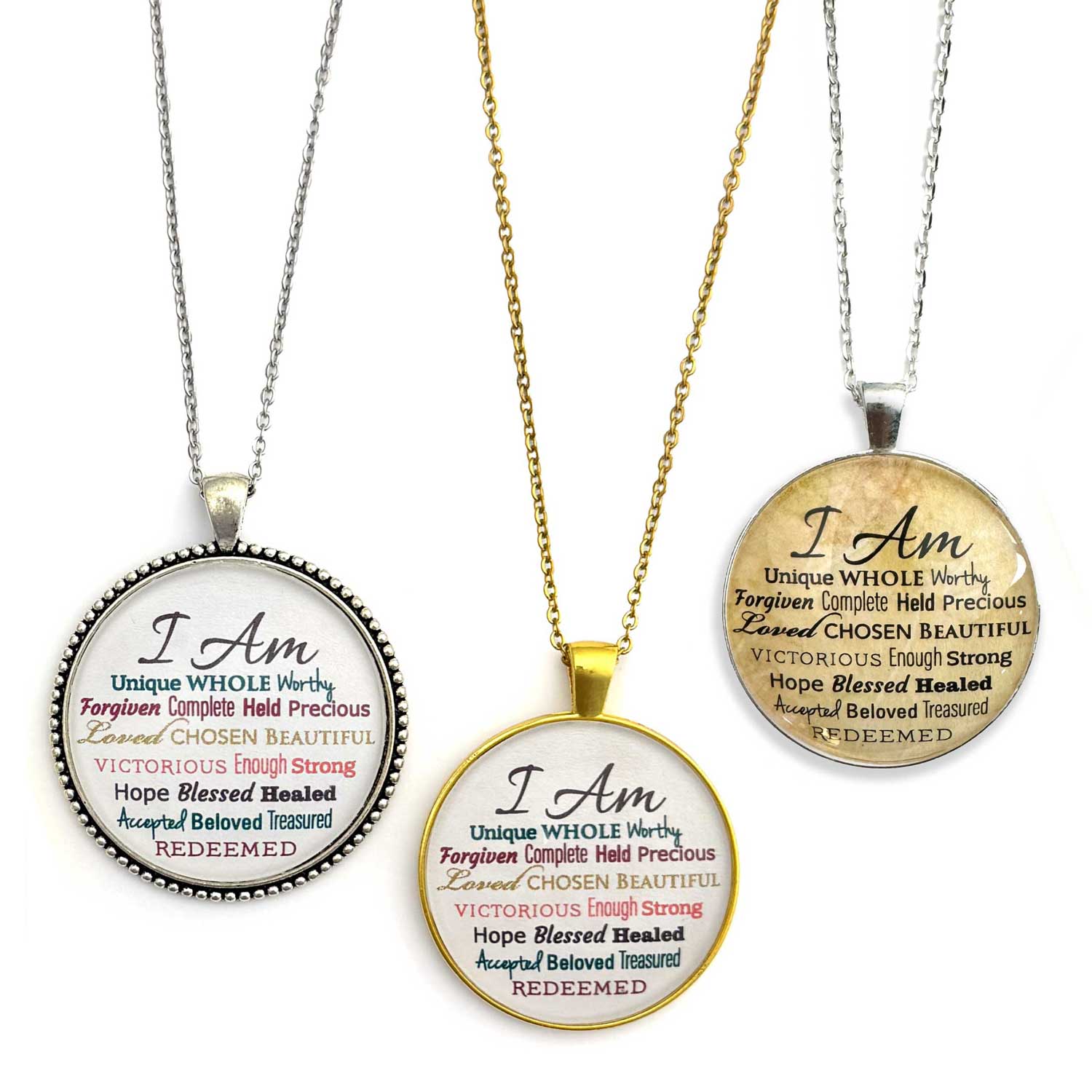 "I AM" Strong, Unique, Beautiful, Loved, Enough – Christian Affirmations Pendant Necklaces