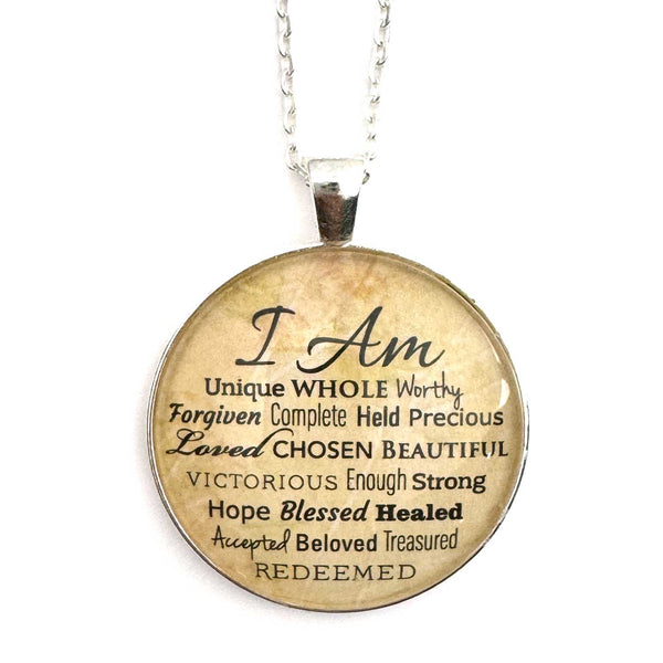 "I AM" Strong, Unique, Beautiful, Loved, Enough – Christian Affirmations Silver-Plated Scripture Pendant Necklace – Jewelry Set