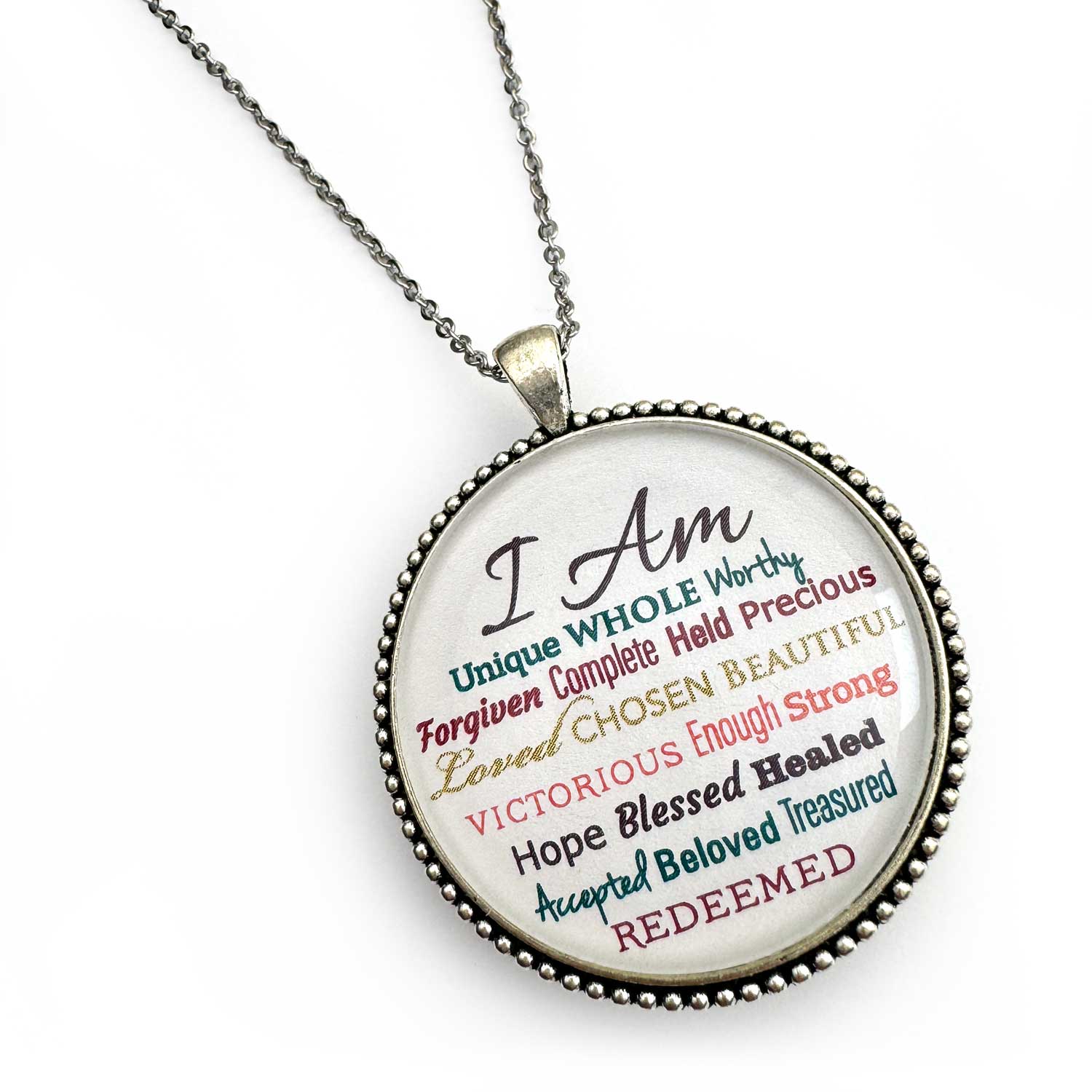 "I AM" Strong, Unique, Beautiful, Loved, Enough – Antique Silver Christian Affirmations Pendant Necklace