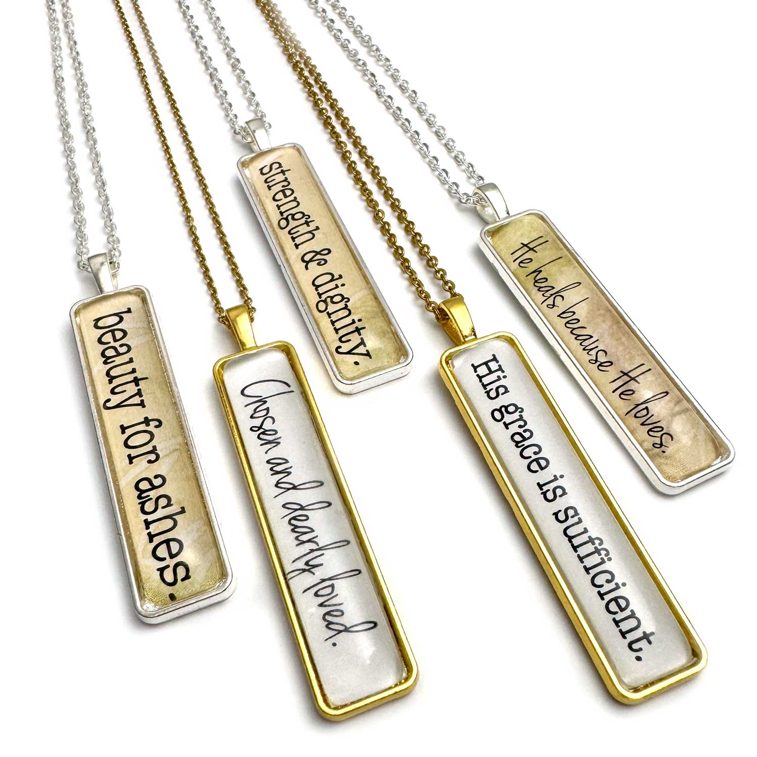 Beauty for Ashes, He Heals Because He Loves – Rectangle Scripture Pendant Necklaces, Gold, Silver